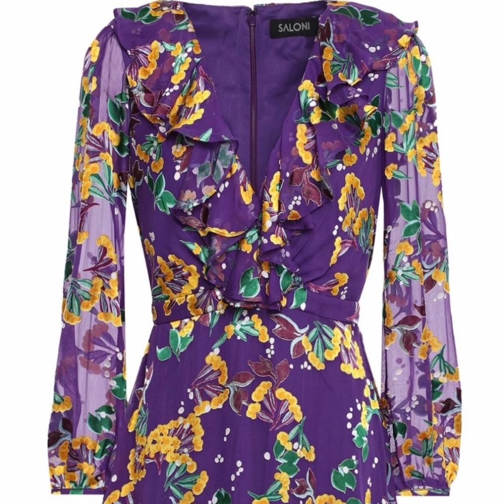 SALONI, FLORAL PRINT DEVORE CHIFFON MINI DRESS